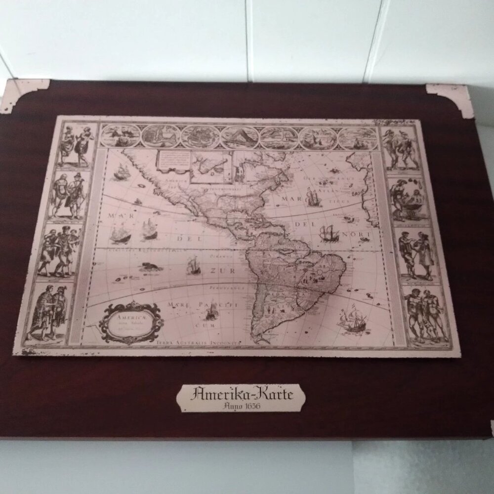 Vintage America Nova Tabula 1636 Map Etched on Metal Framed in Mahogany Repro